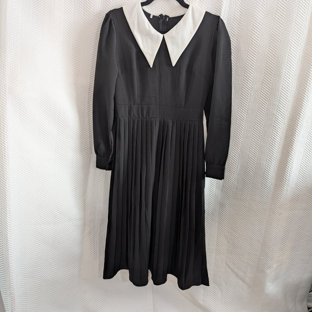 Black Pleated Midi Dress White Collar Long Sleeve Size S/M Dark Academia Goth